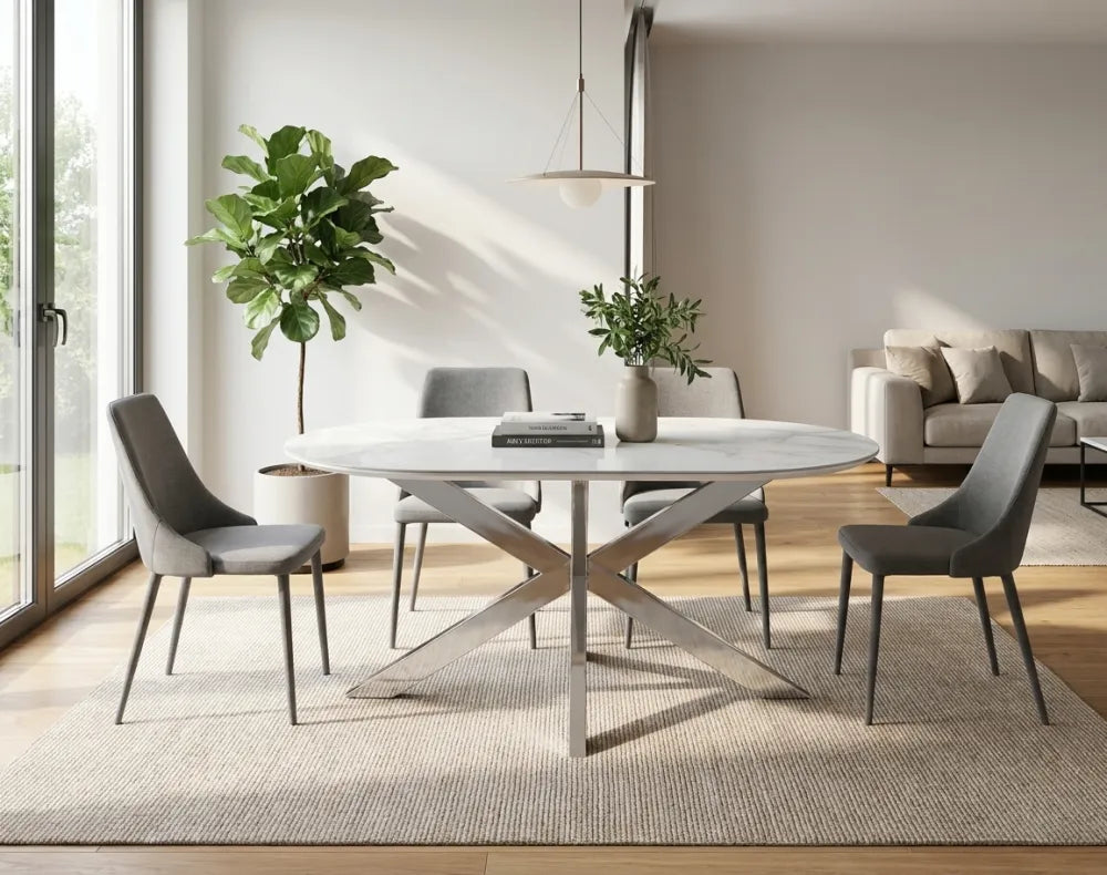 Table Repas Manon Pied chromé Plateau Céramique Marbre Blanc 150X90Cm