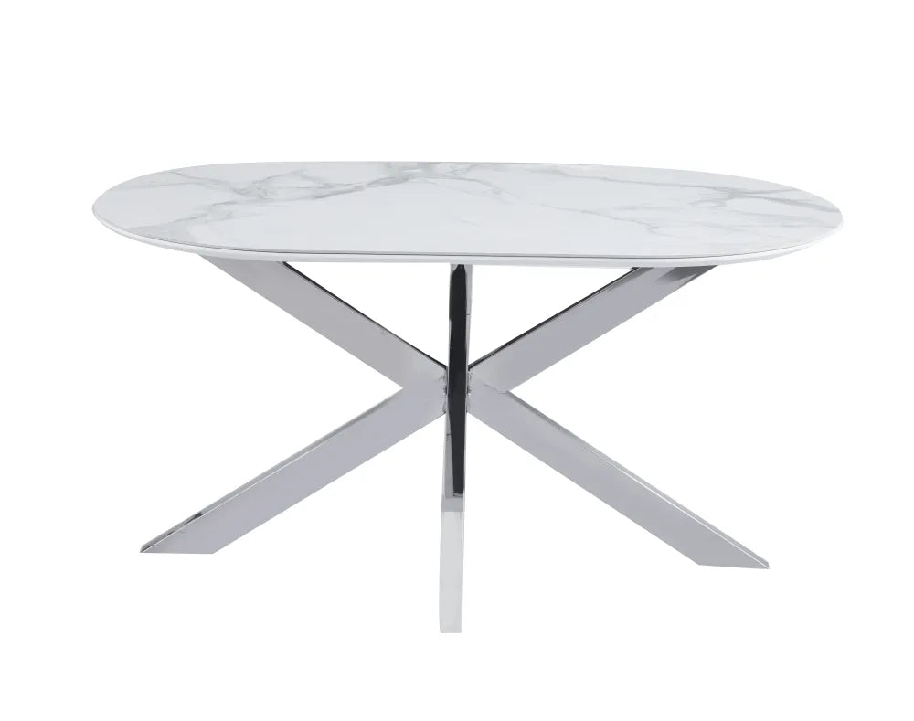 Table Repas Manon Pied chromé Plateau Céramique Marbre Blanc 150X90Cm