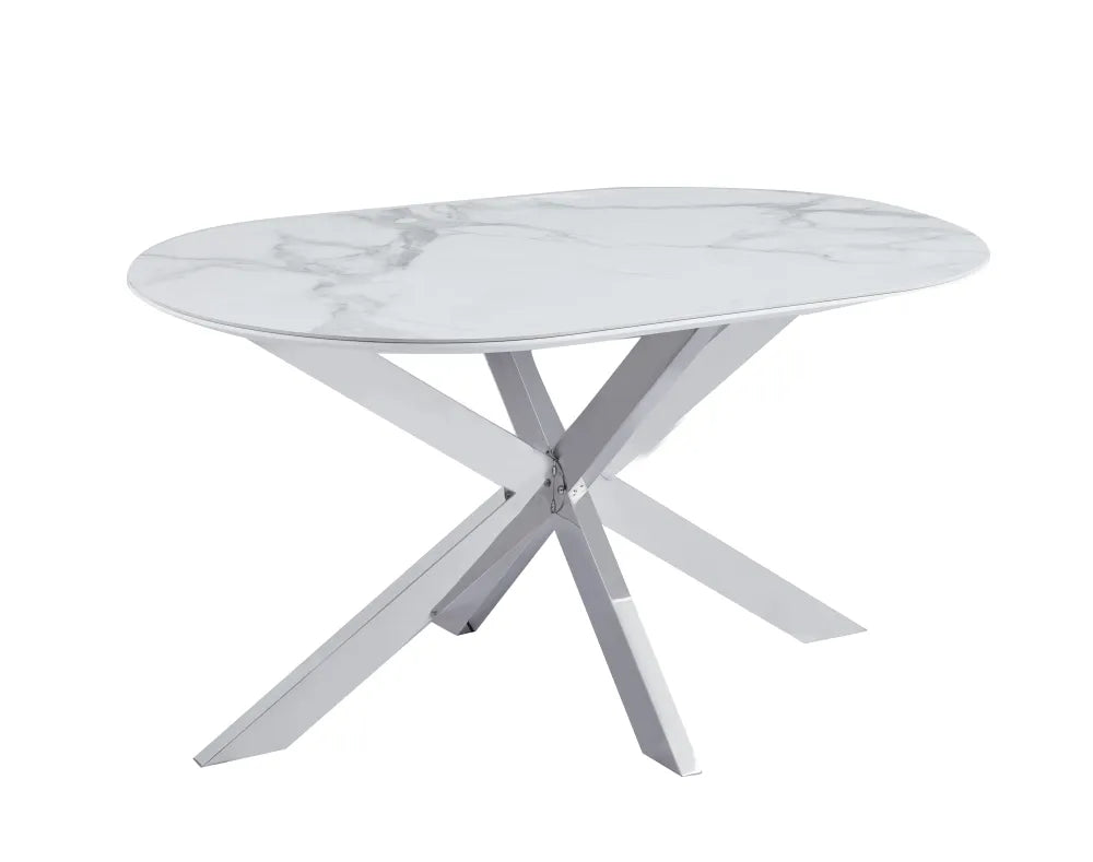 Table Repas Manon Pied chromé Plateau Céramique Marbre Blanc 150X90Cm
