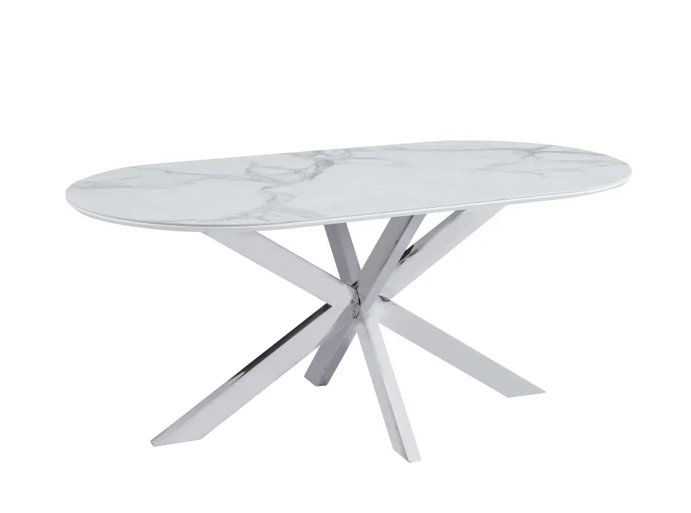 Table Repas Manon Pied chromé Plateau Céramique Marbre Blanc 180X90Cm