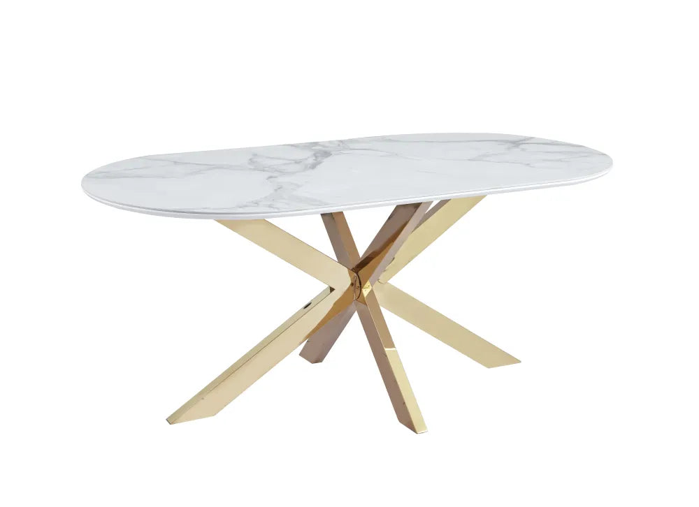 Table Repas Manon Pied doré Plateau Céramique Marbre Blanc 180X90Cm