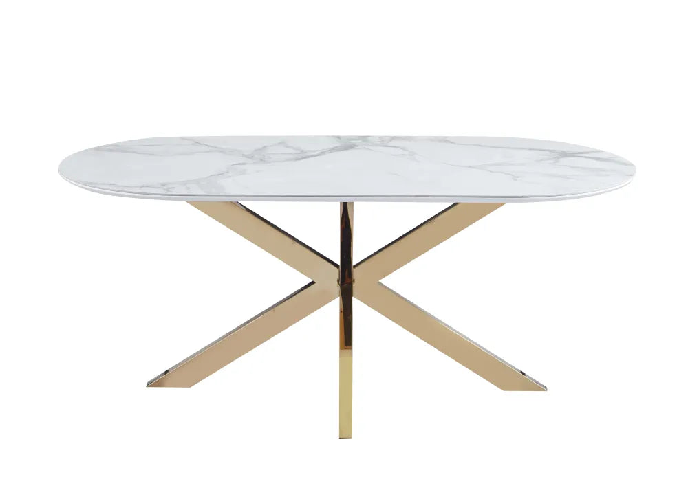 Table Repas Manon Pied doré Plateau Céramique Marbre Blanc 180X90Cm