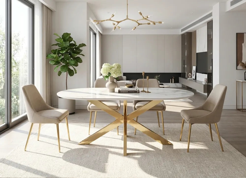 Table Repas Manon Pied doré Plateau Céramique Marbre Blanc 180X90Cm
