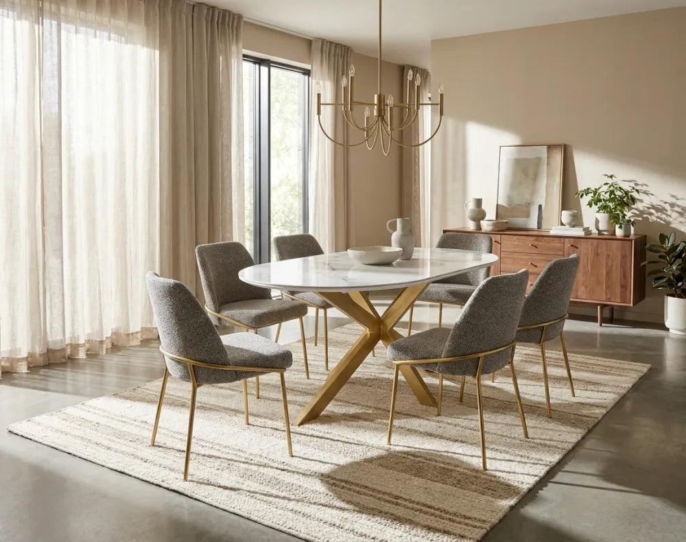 Table Repas Manon Pied doré Plateau Céramique Marbre Blanc 150X90Cm