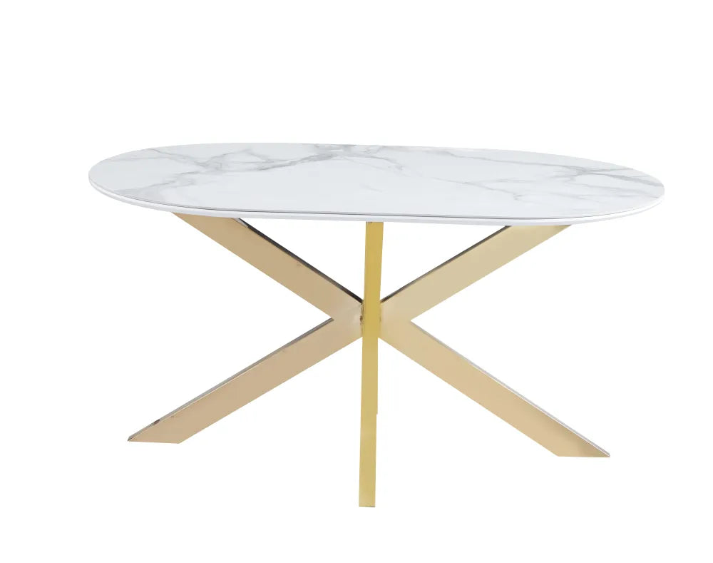 Table Repas Manon Pied doré Plateau Céramique Marbre Blanc 150X90Cm