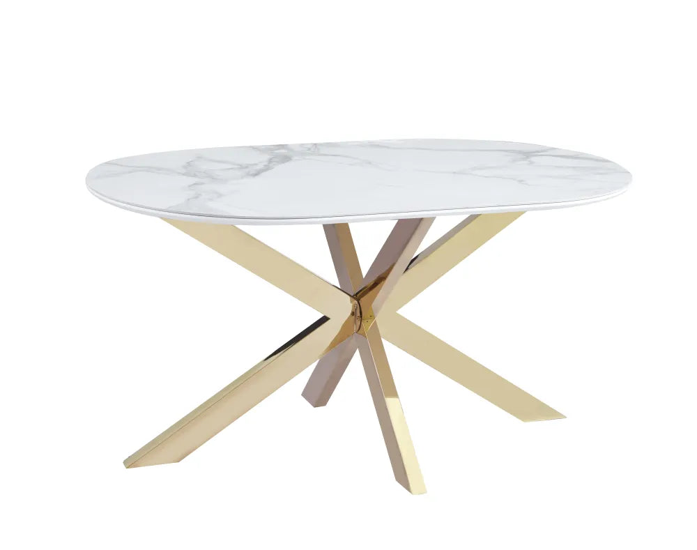 Table Repas Manon Pied doré Plateau Céramique Marbre Blanc 150X90Cm