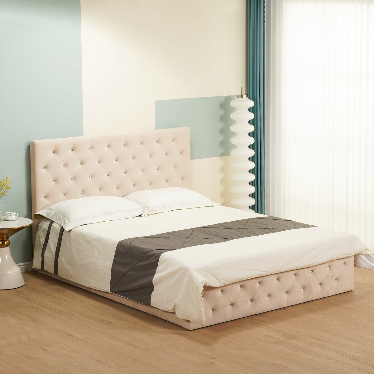 Lit Coffre Victoria Capitonne Avec Diamant Velours - 160x200, Beige