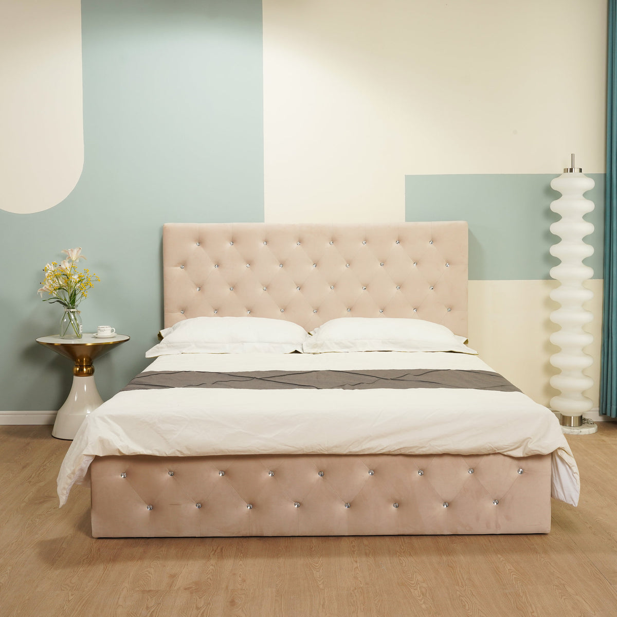 Lit Coffre Victoria Capitonne Avec Diamant Velours - 160x200, Beige
