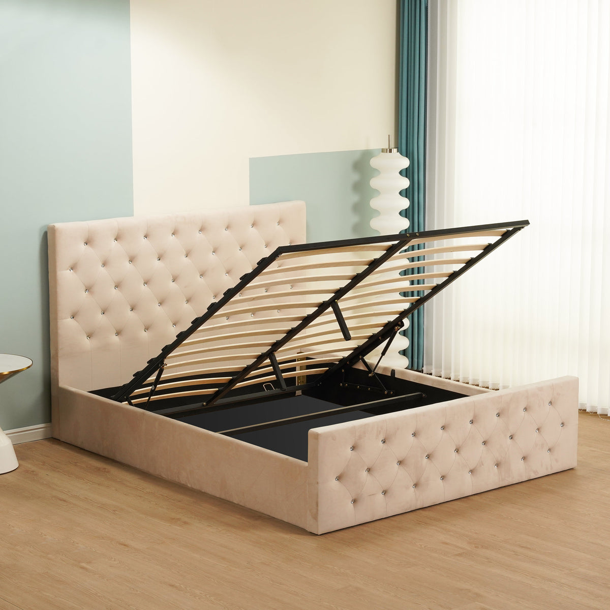 Lit Coffre Victoria Capitonne Avec Diamant Velours - 160x200, Beige