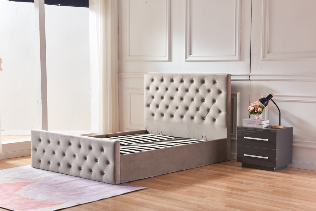 Lit Coffre Victoria Capitonne Avec Diamant Velours - 140x190, Moka