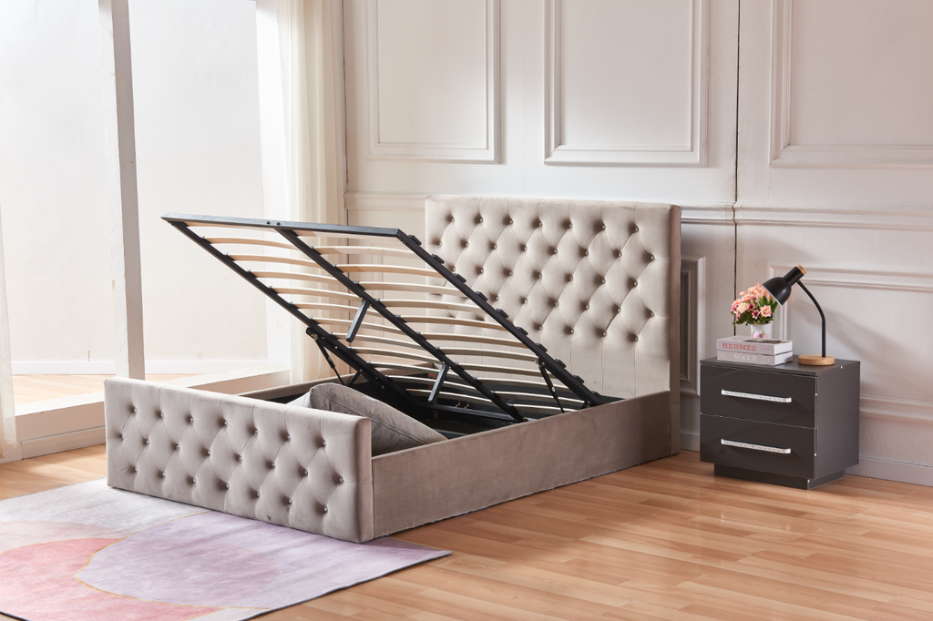 Lit Coffre Victoria Capitonne Avec Diamant Velours - 140x190, Moka