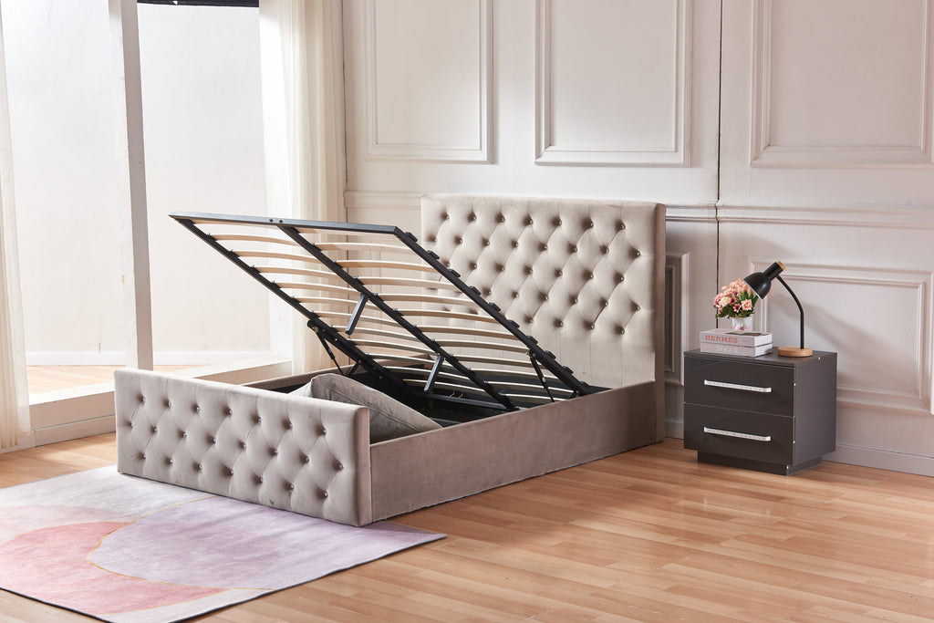 Lit Coffre Victoria Capitonne Avec Diamant Velours - 160x200, Moka