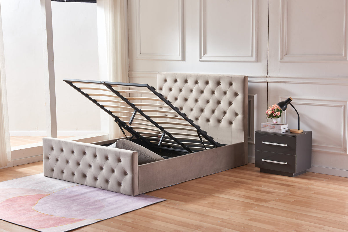 Lit Coffre Victoria Capitonne Avec Diamant Velours - 160x200, Moka