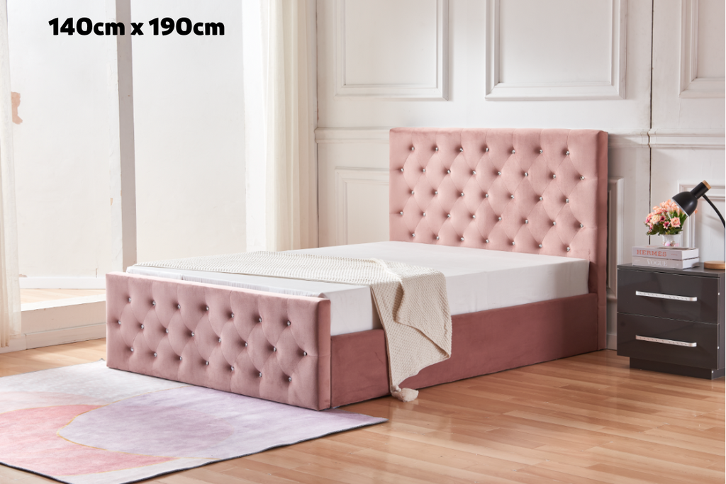 Lit Coffre Victoria Capitonne Avec Diamant Velours Coffre rose