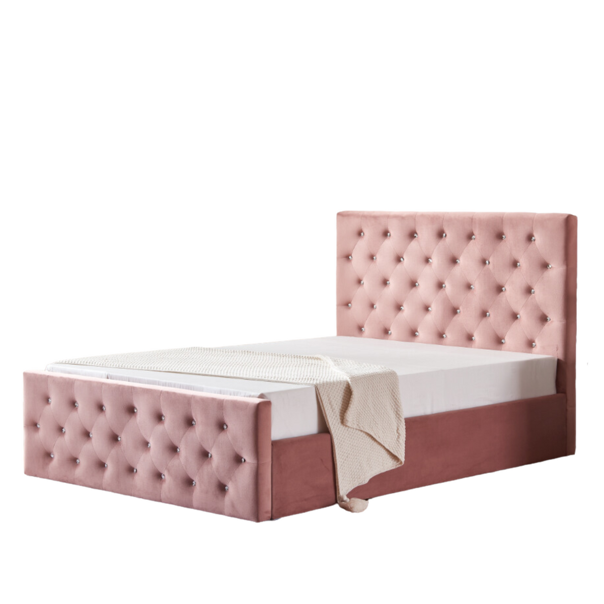 Lit Coffre Victoria Capitonne Avec Diamant Velours Coffre rose