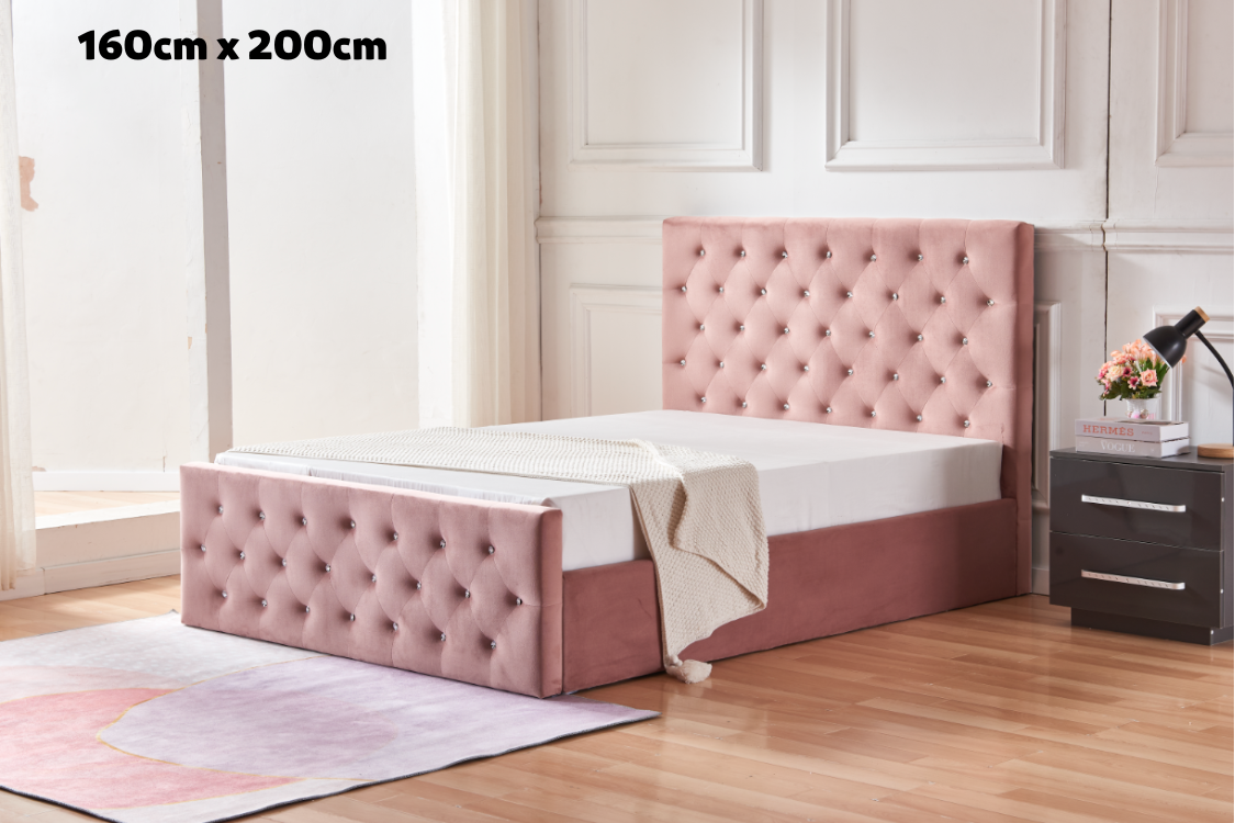 Lit Coffre Victoria Capitonne Avec Diamant Velours - 160x200, Rose