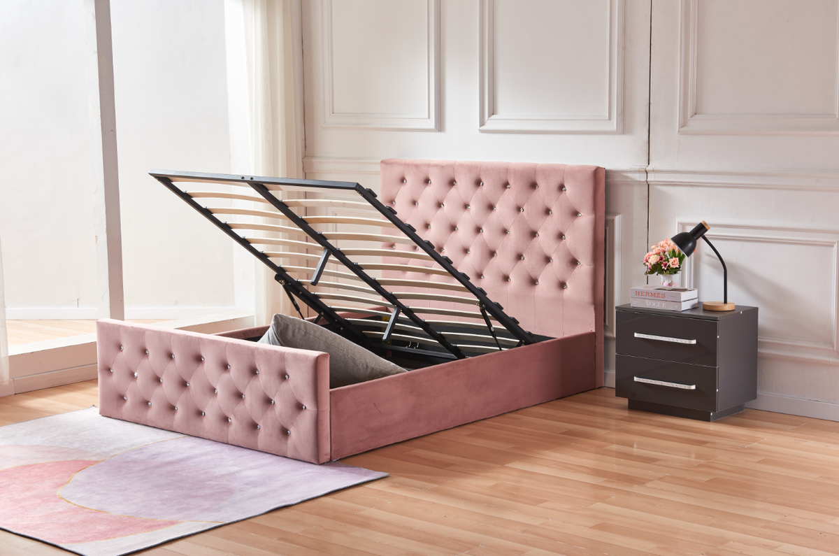 Lit Coffre Victoria Capitonne Avec Diamant Velours - 160x200, Rose