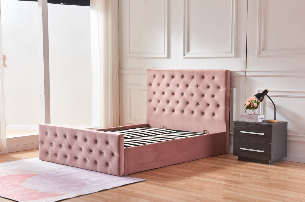 Lit Coffre Victoria Capitonne Avec Diamant Velours - 160x200, Rose
