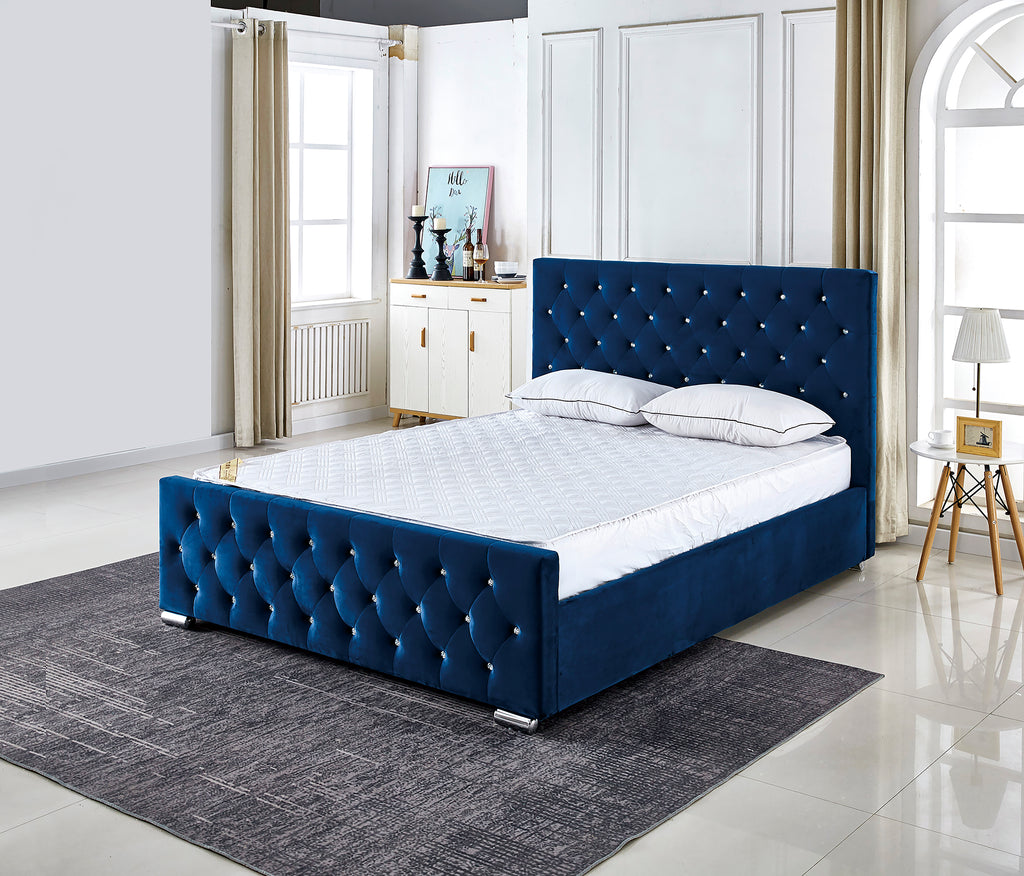Lit Prestige Capitonne Avec Diamant Velours - 140x190, Bleu