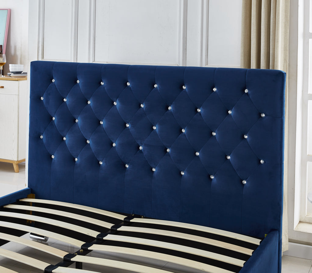 Lit Prestige Capitonne Avec Diamant Velours - 140x190, Bleu