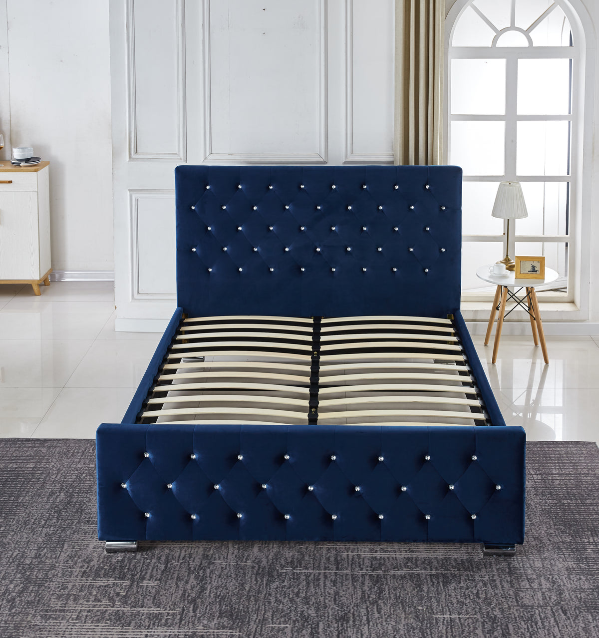 Lit Prestige Capitonne Avec Diamant Velours - 140x190, Bleu
