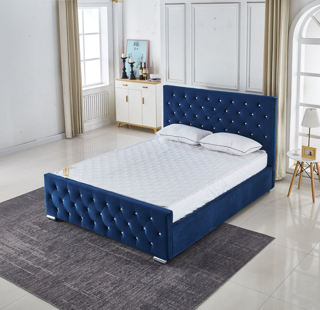 Lit Prestige Capitonne Avec Diamant Velours - 160x200, Bleu