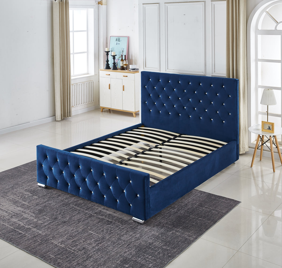 Lit Prestige Capitonne Avec Diamant Velours - 160x200, Bleu