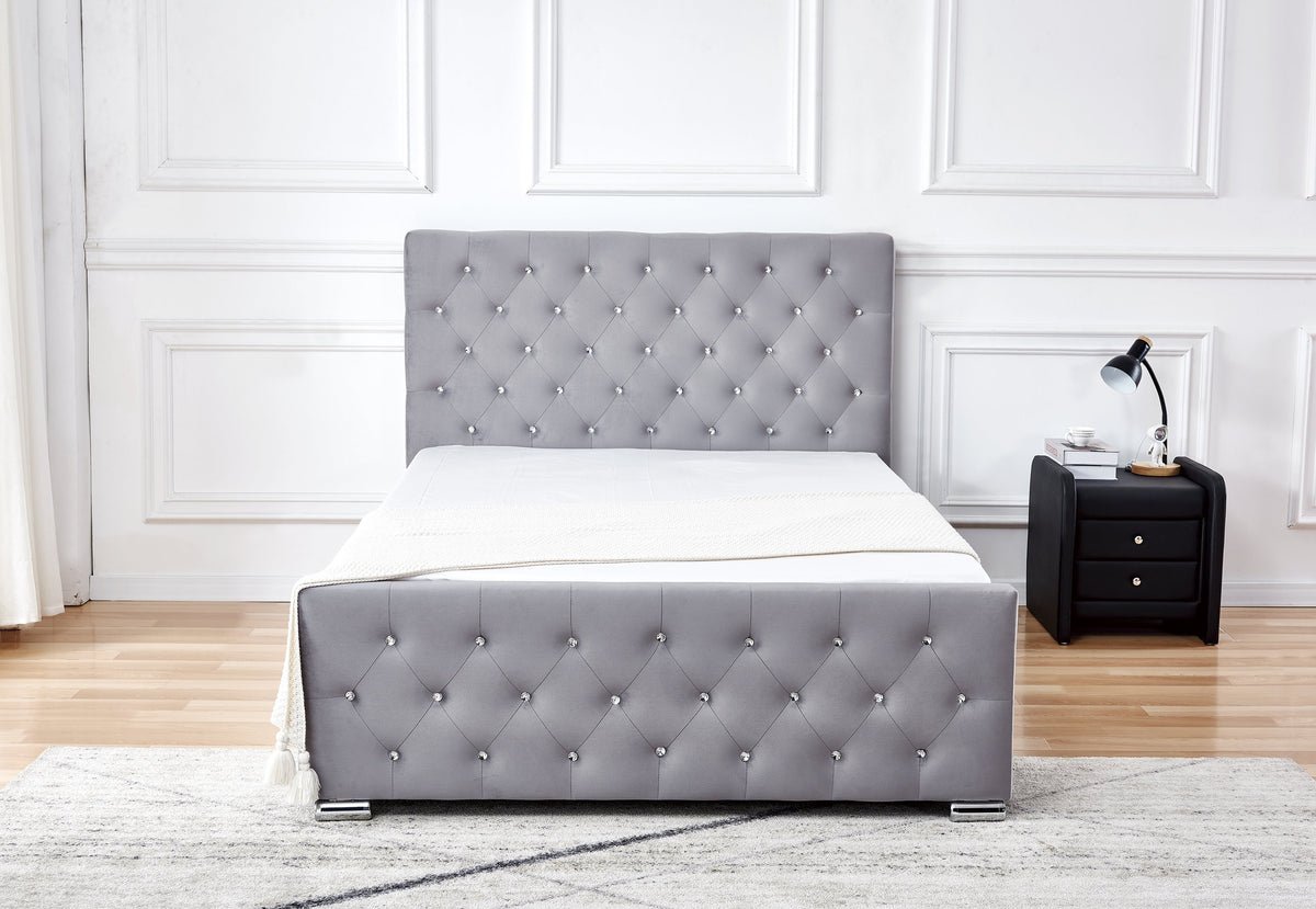 Lit Prestige Capitonne Avec Diamant Velours - 140x190, Gris