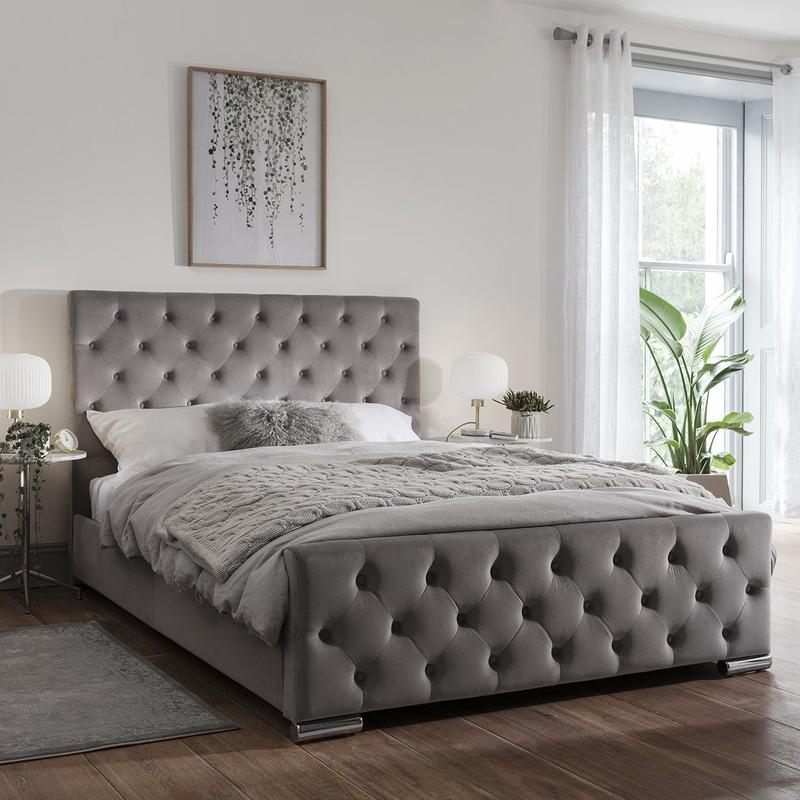 Lit Prestige Capitonne Avec Diamant Velours - 160x200, Gris