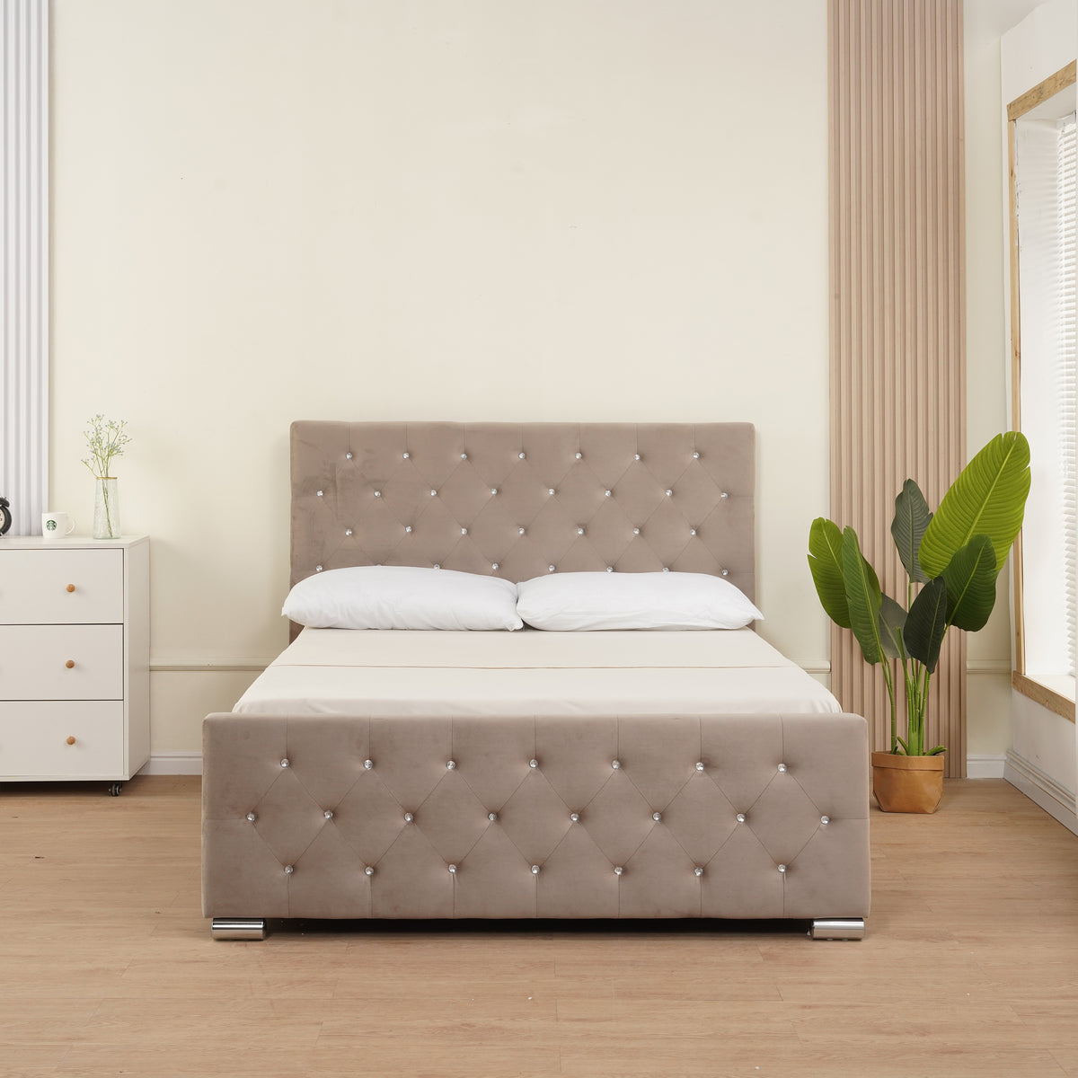 Lit Prestige Capitonne Avec Diamant Velours - 160x200, Moka