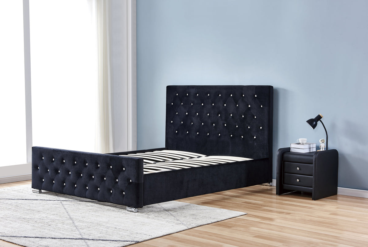 Lit Prestige Capitonne Avec Diamant Velours - 140x190, Noir