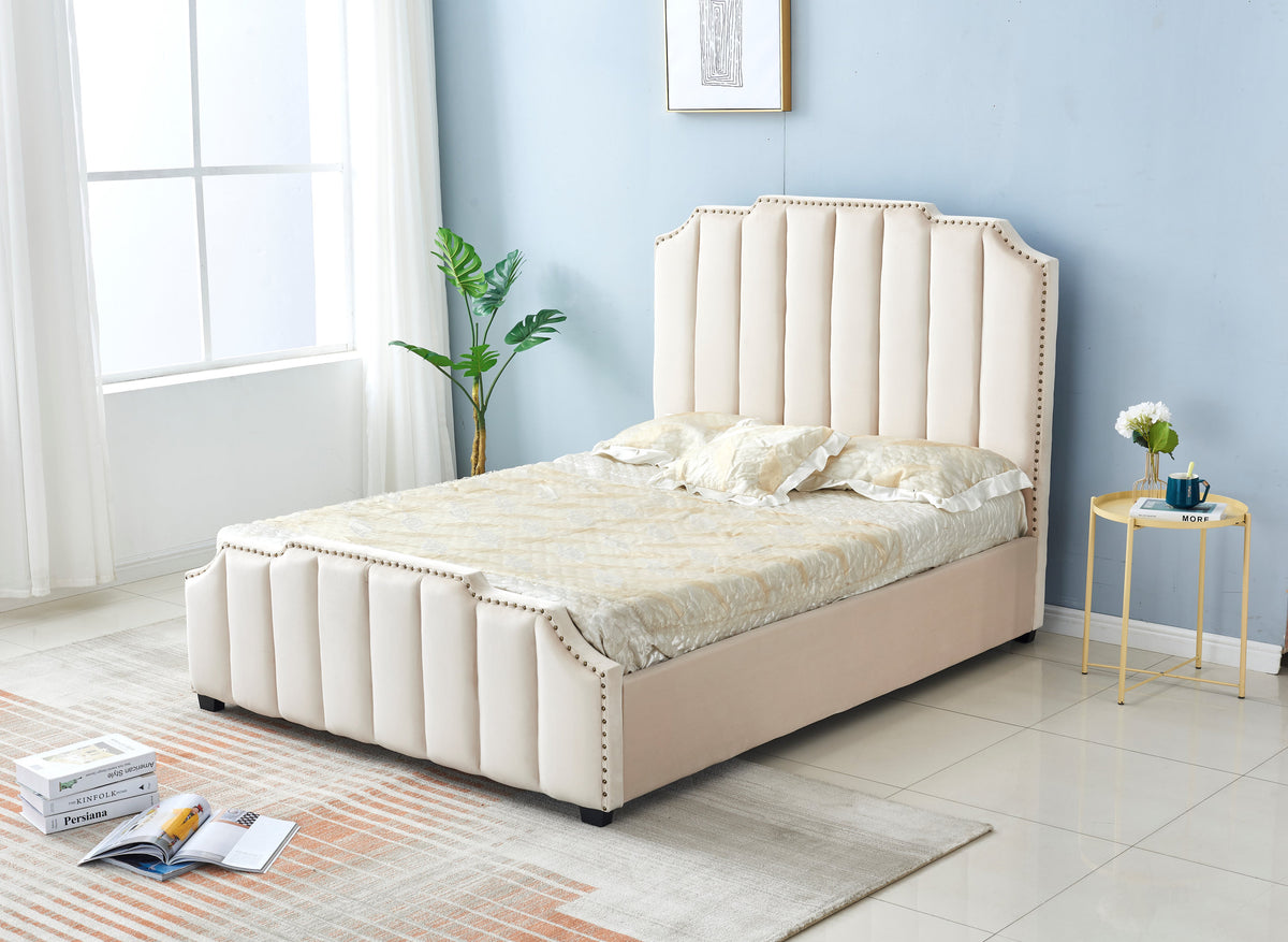 Lit Pepper Capitonne En Ligne Velours - 140x190, Beige