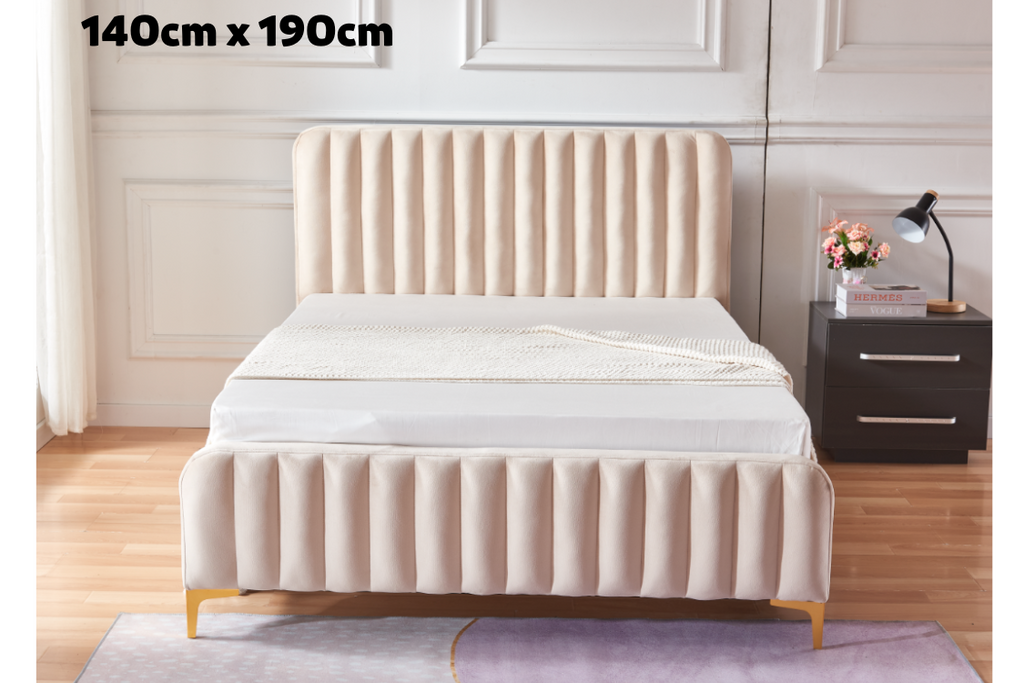 Lit Faye Capitonne En Ligne Velours - 140x190, Beige