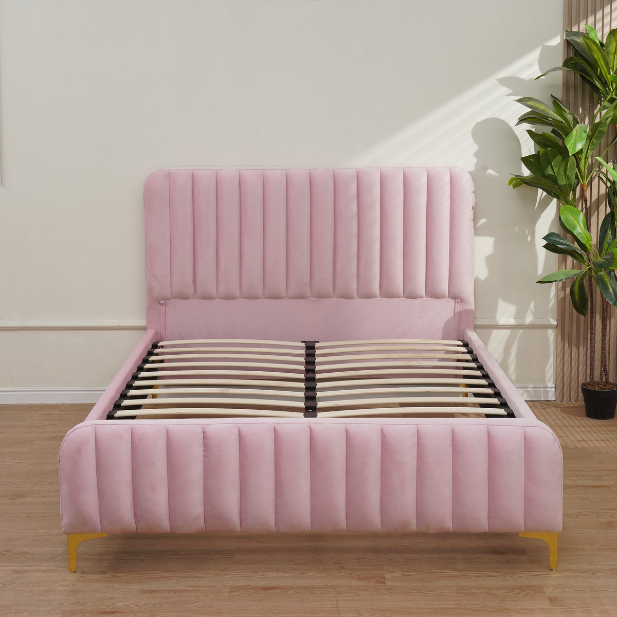 Lit Faye Capitonne En Ligne Velours - 160x200, Rose