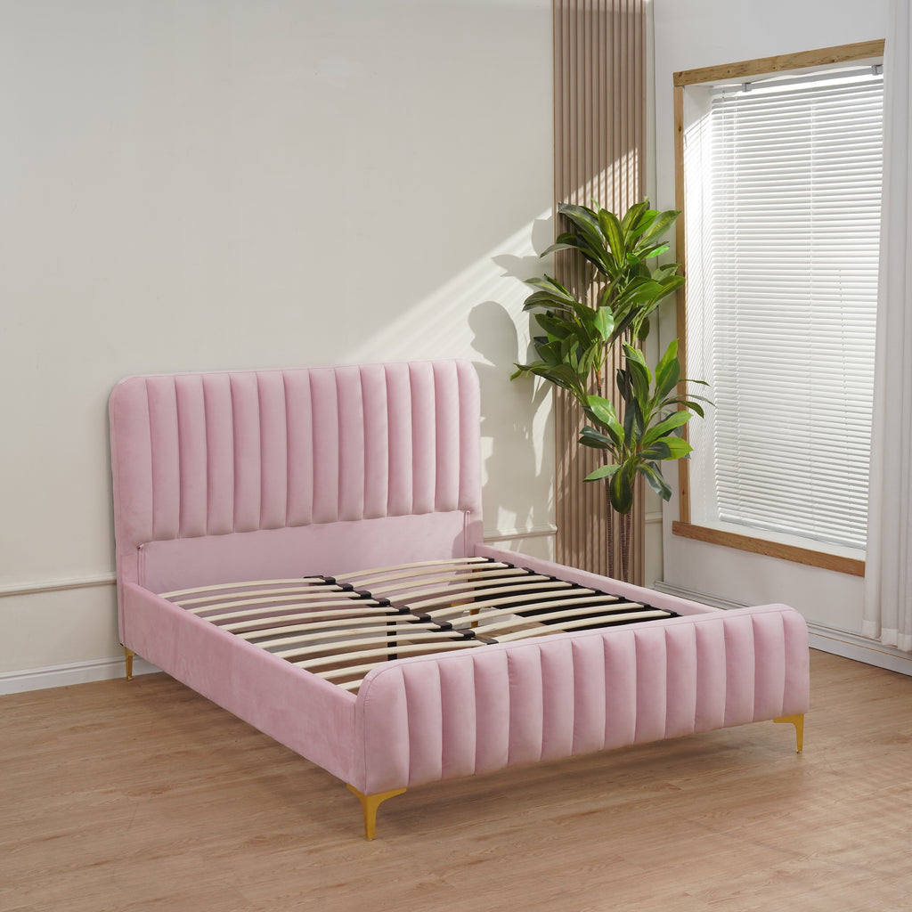 Lit Faye Capitonne En Ligne Velours - 160x200, Rose