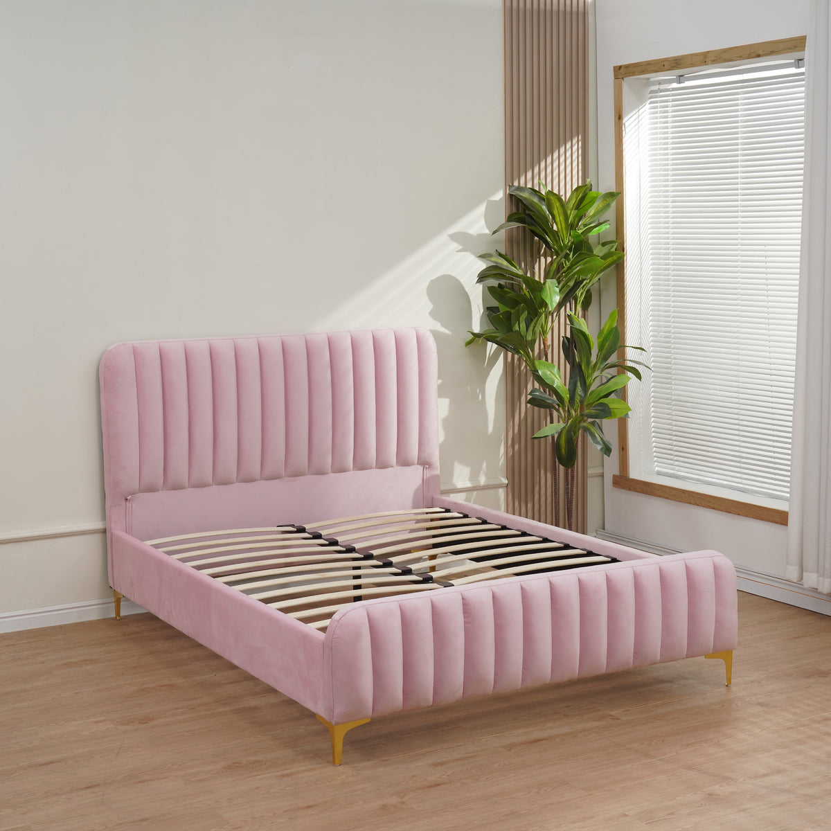 Lit Faye Capitonne En Ligne Velours - 160x200, Rose