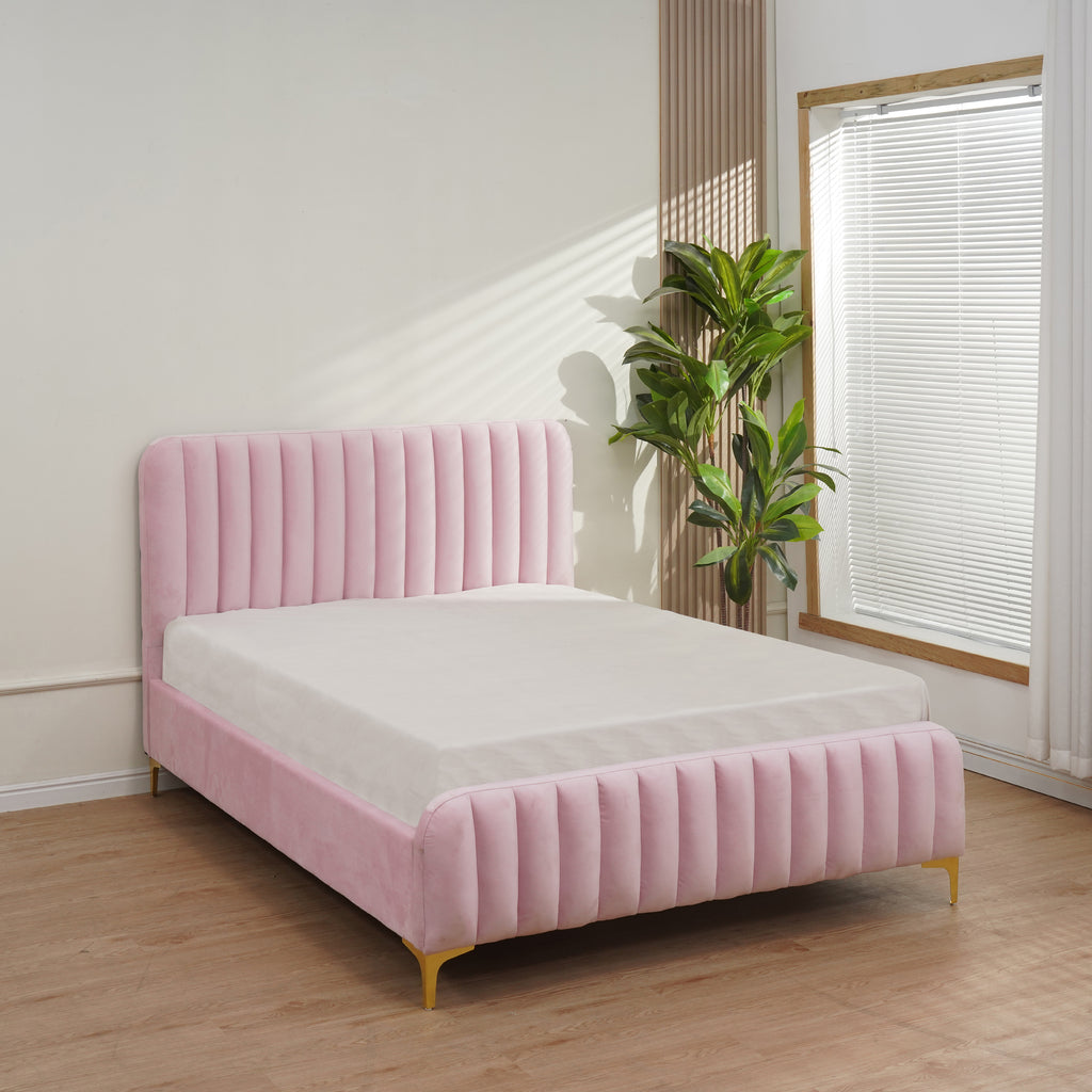 Lit Faye Capitonne En Ligne Velours - 160x200, Rose