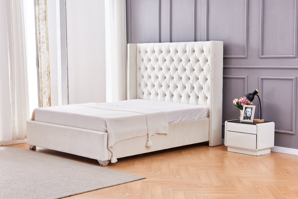 Lit Double Cloute Capitonne Velours - 180x200, Beige