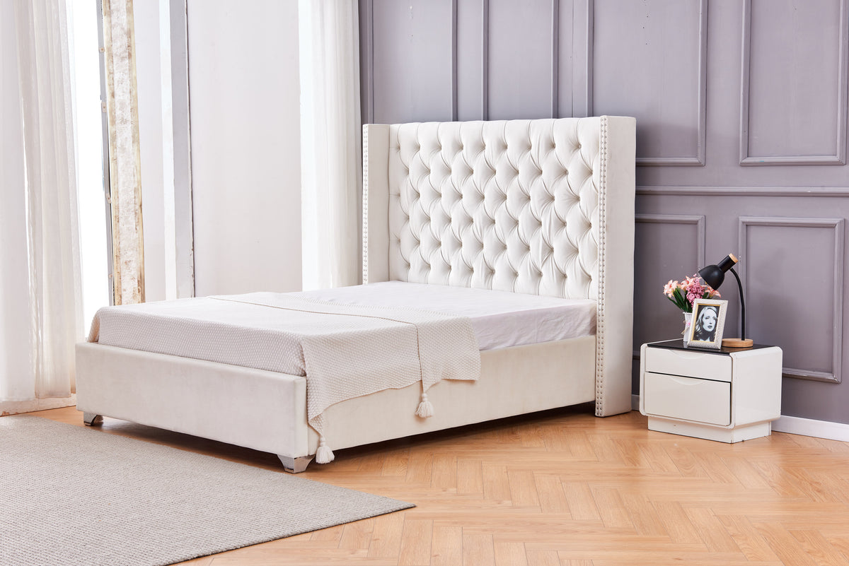 Lit Double Cloute Capitonne Velours - 180x200, Beige