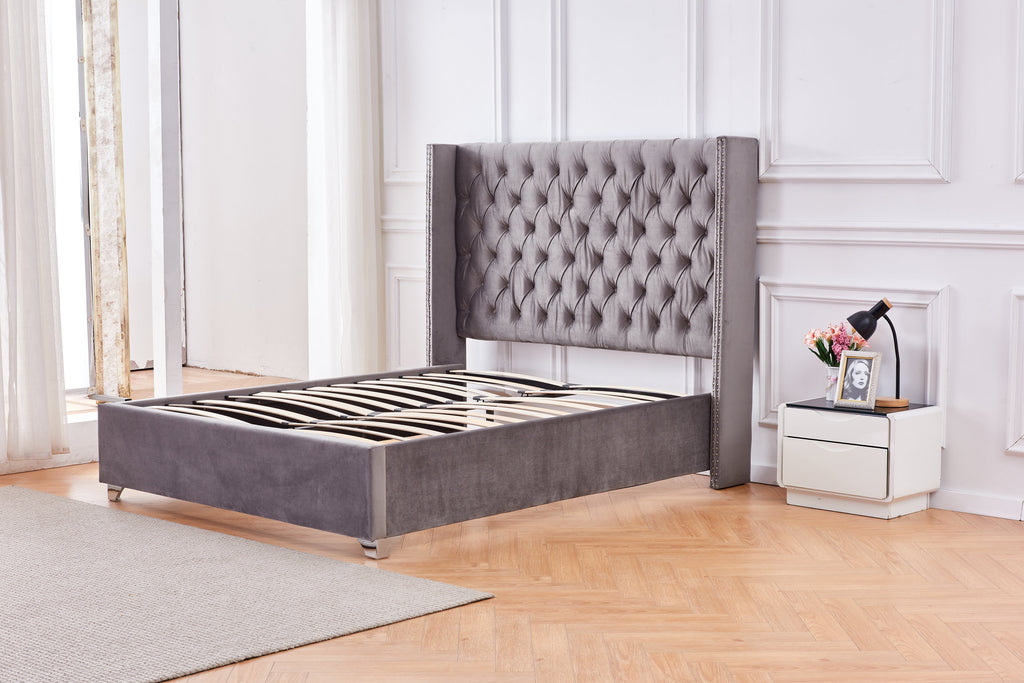 Lit Double Cloute Capitonne Velours - 160x200, Gris