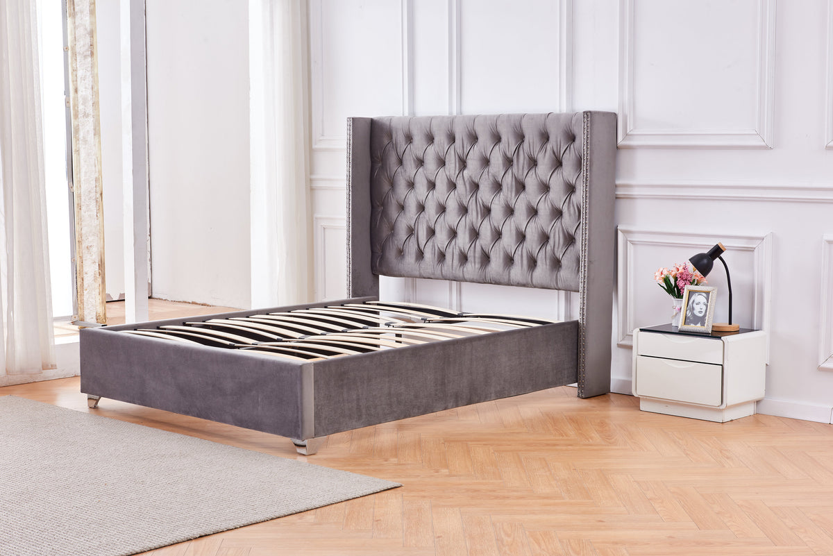 Lit Double Cloute Capitonne Velours - 160x200, Gris