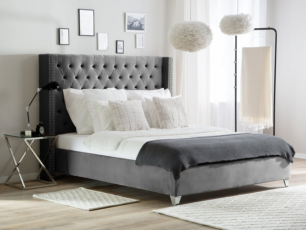 Lit Double Cloute Capitonne Velours - 160x200, Gris