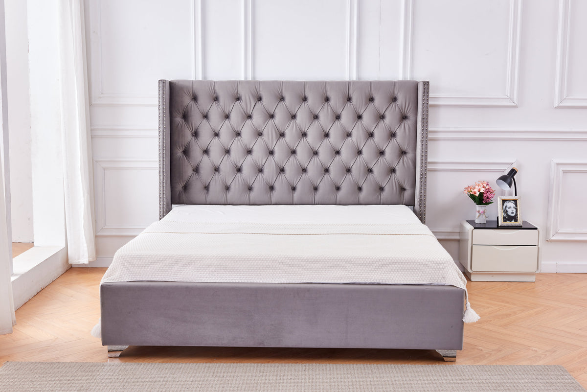 Lit Double Cloute Capitonne Velours - 180x200, Gris