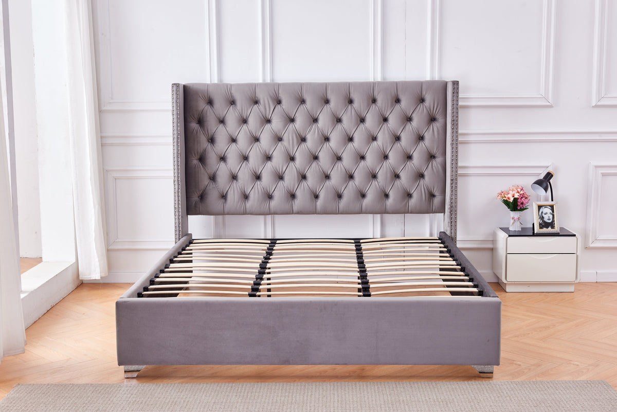 Lit Double Cloute Capitonne Velours - 180x200, Gris