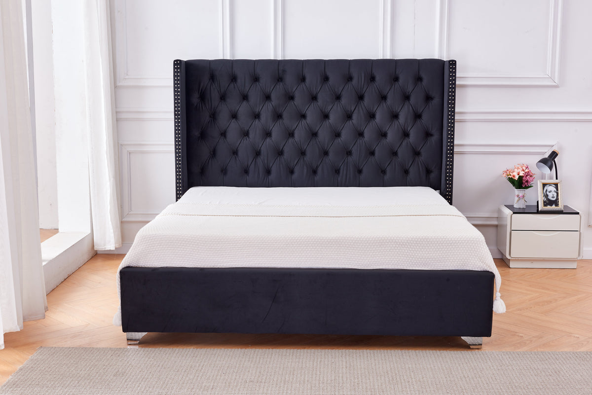 Lit Double Cloute Capitonne Velours - 180x200, Noir