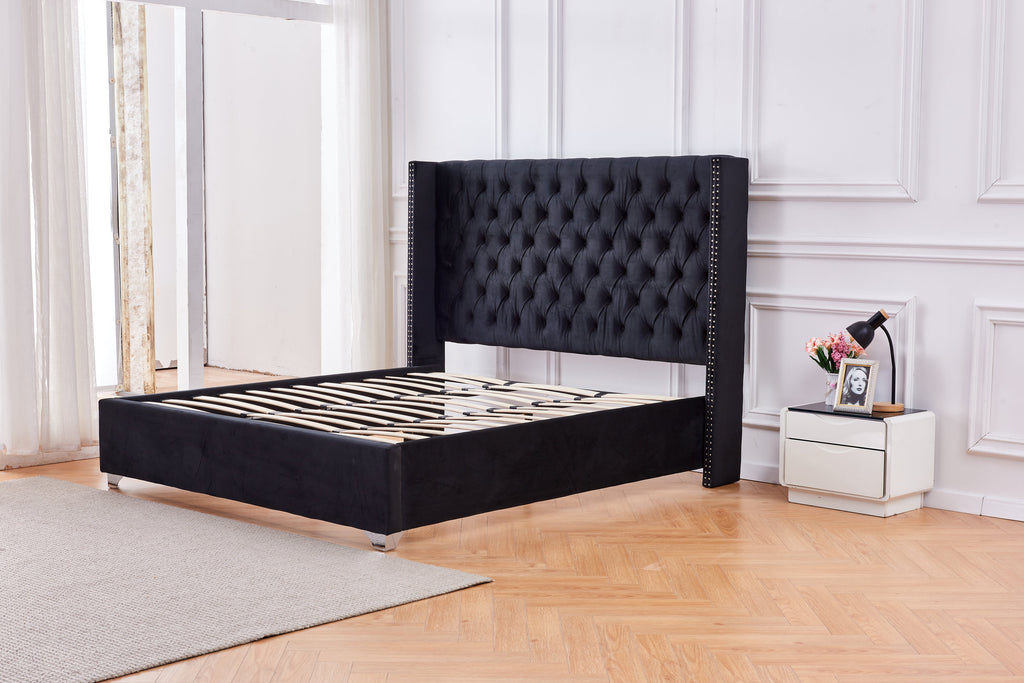 Lit Double Cloute Capitonne Velours - 180x200, Noir
