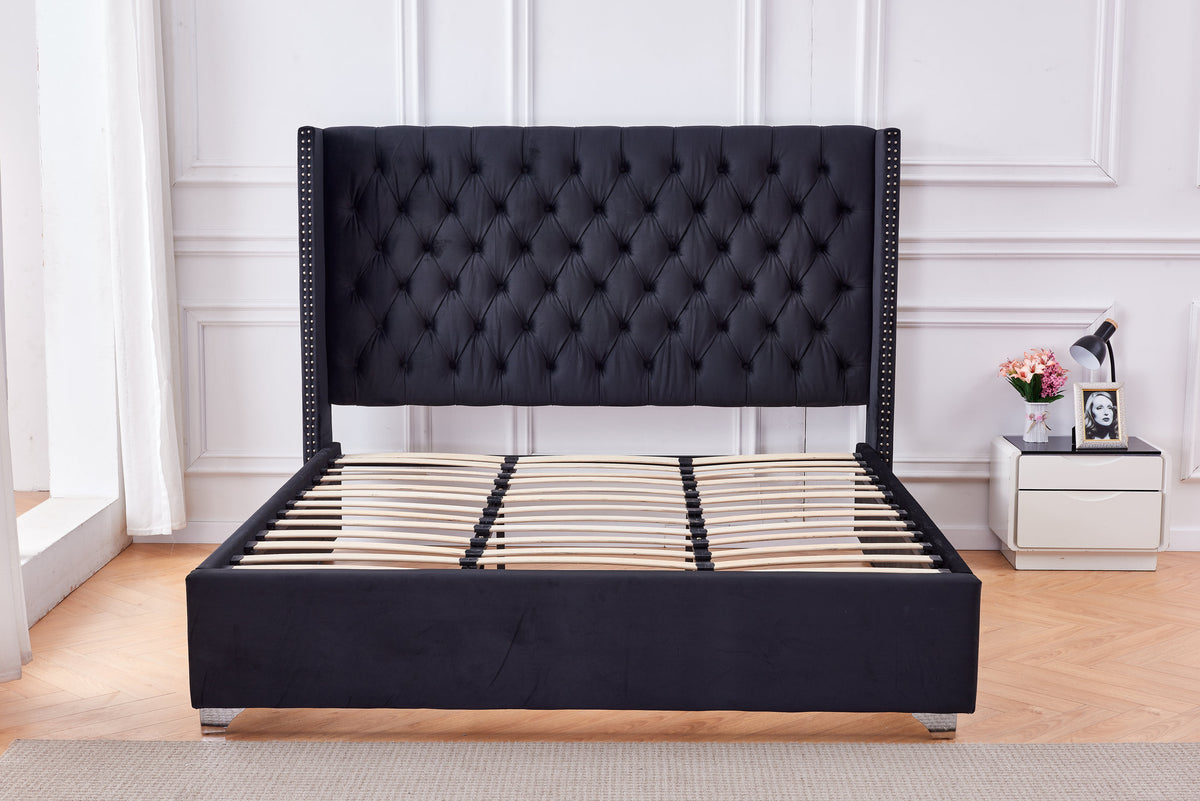 Lit Double Cloute Capitonne Velours - 180x200, Noir