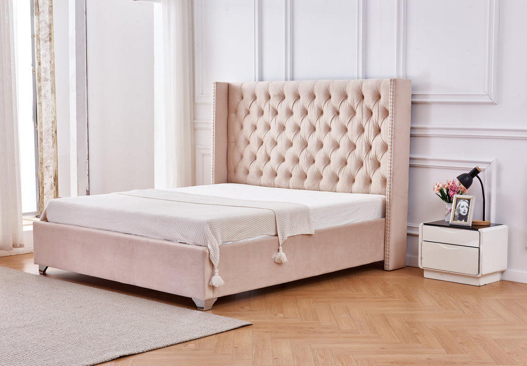 Lit Double Cloute Capitonne Velours Nude 180x200 cm