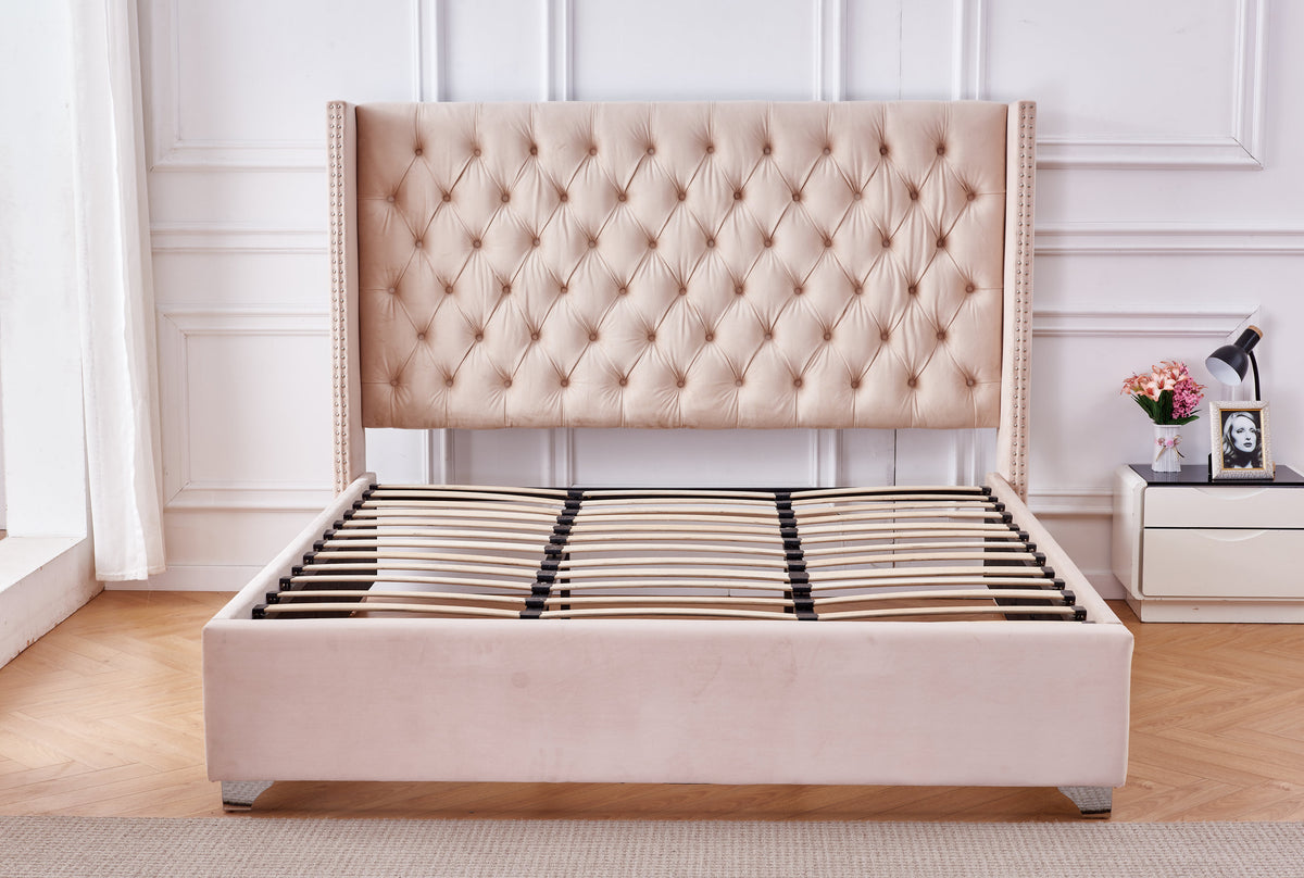 Lit Double Cloute Capitonne Velours Nude 180x200 cm