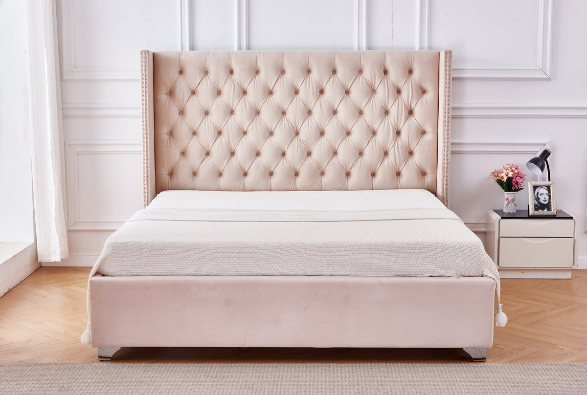 Lit Double Cloute Capitonne Velours Nude 180x200 cm